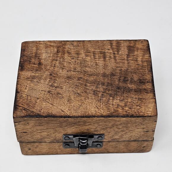 Wood Trinket Box Floral Tin Top Inlay Hand Made Hinged Lid Metal Latch Unlined - Picture 3 of 10